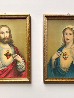 Antique C1930s Jesus & Mary Sacred Heart Lithographs